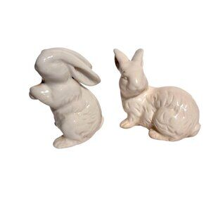 Vintage Miniature White Ceramic Bunny Figurines - Set of 2
